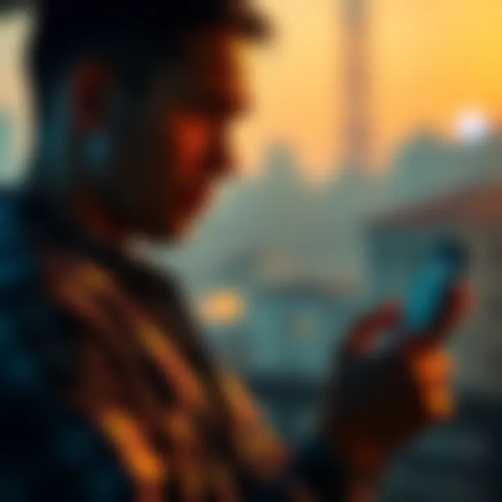 A man looking at a falling Bitcoin chart on his phone, reflecting on his financial struggles in an unbanked nation.