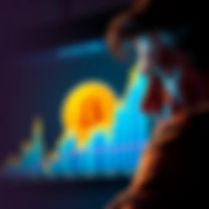 A thoughtful person looking at a chart showing Bitcoin's price peak from last year, with a frown on their face, symbolizing regret over not selling.
