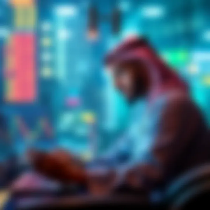 A young man in Riyadh looking at Bitcoin charts on a laptop, pondering investment strategies for future profits.