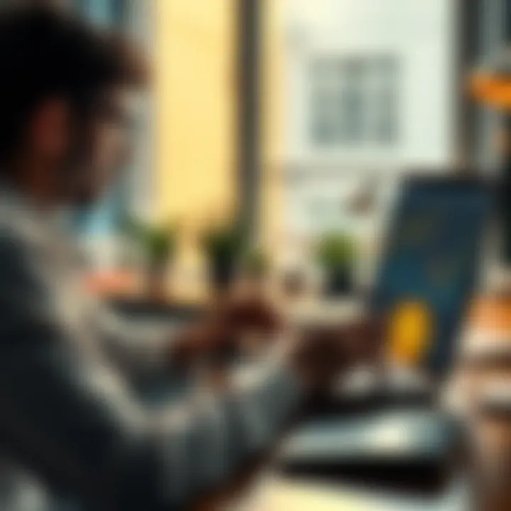 A person sitting at a desk, analyzing Bitcoin trends on a laptop, with charts showing price dips and increases on the screen, symbolizing investment strategy.