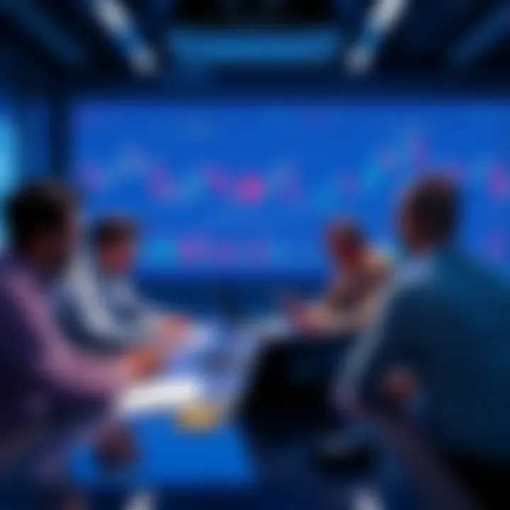 A group of major investors analyzing Bitcoin charts and graphs in a meeting room, focusing on market trends and trust issues in cryptocurrency.