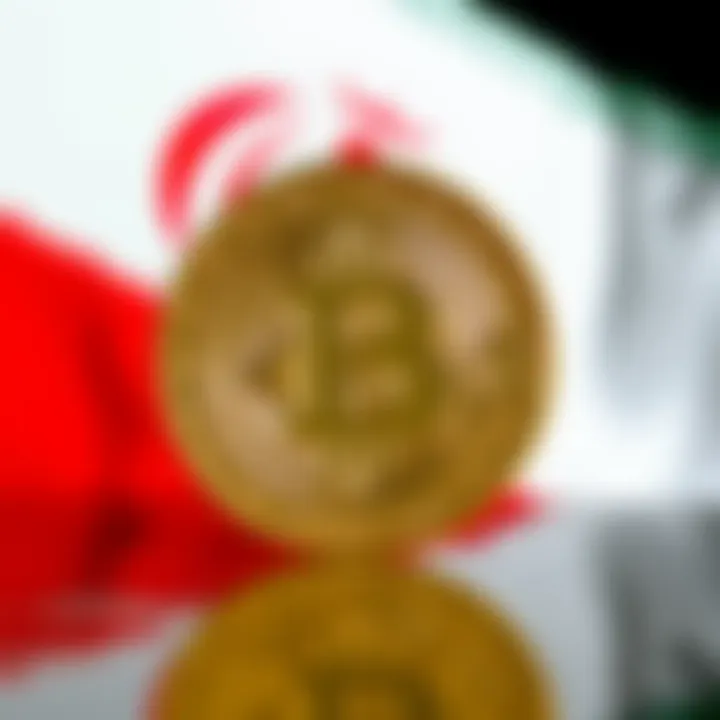 A Bitcoin symbol in front of a blurred Iranian flag, representing the impact of financial operations on cryptocurrency in Iran.