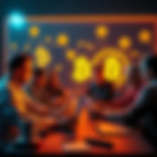 A group of people discussing bitcoin key-scanning project on a forum, with laptops and digital currency symbols in the background.