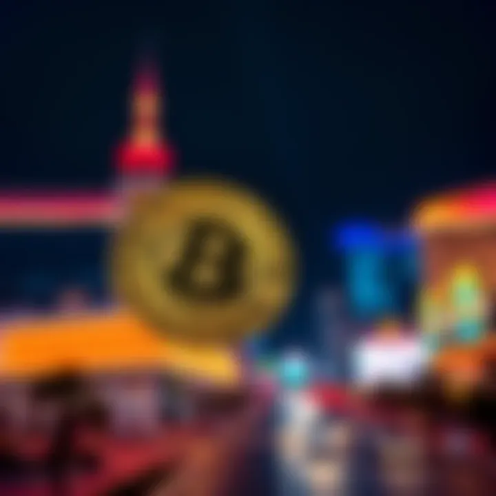 Bitcoin in Las Vegas A close-up of a Bitcoin symbol with a Las Vegas skyline in the background, representing the financial influence on cryptocurrency.