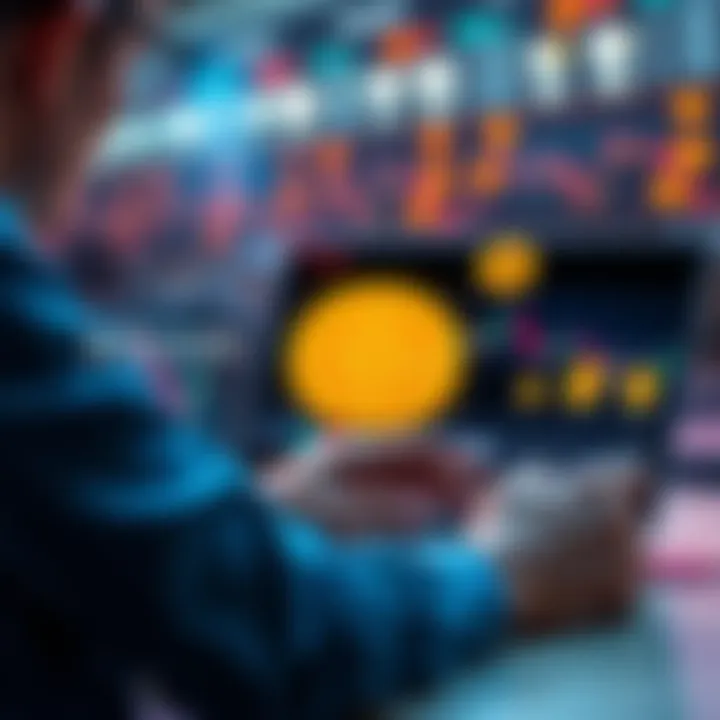 A person looking at Bitcoin loan options on a laptop with financial graphs and Bitcoin symbols