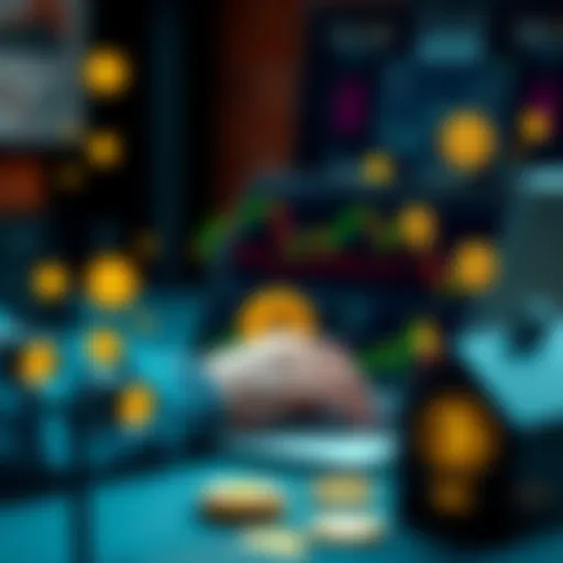 A person analyzing Bitcoin charts and loan options on a laptop, with Bitcoin symbols around them.