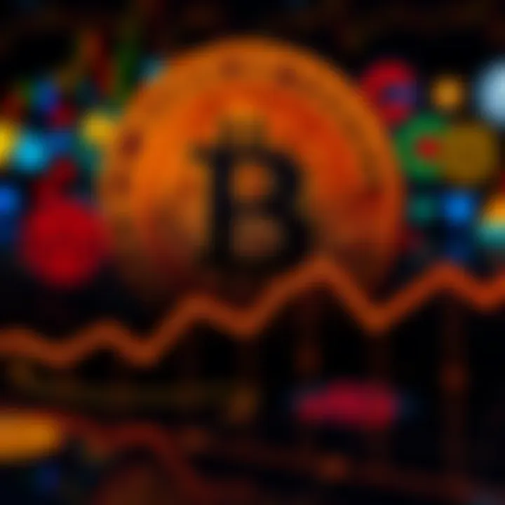 A graphic showing Bitcoin's drop in market cap with a downward trend line and symbols representing various cryptocurrencies in the background.