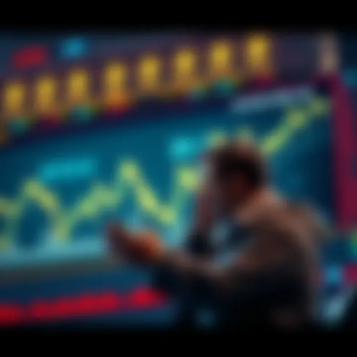 A graph showing a decline in Bitcoin liquidity with a worried investor looking at charts