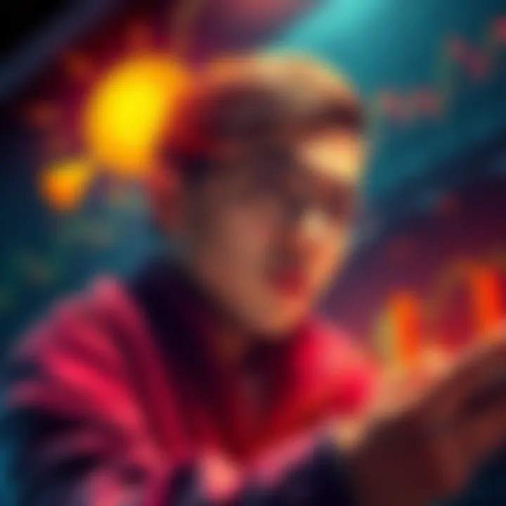 A Bitcoin investor looking at price charts with a thoughtful expression, surrounded by symbols of ups and downs in the cryptocurrency market.