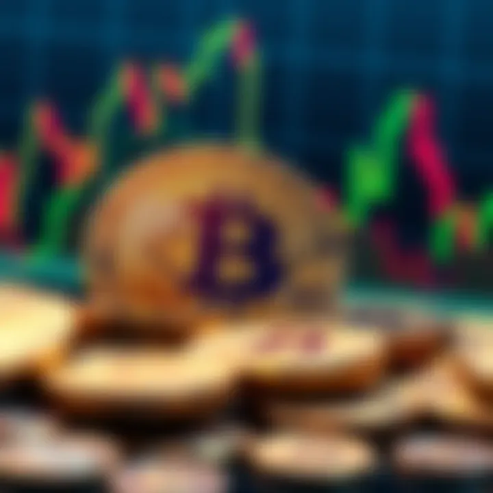 Bitcoin coins with fluctuating price chart in the background, symbolizing market reaction to Saylor's sale