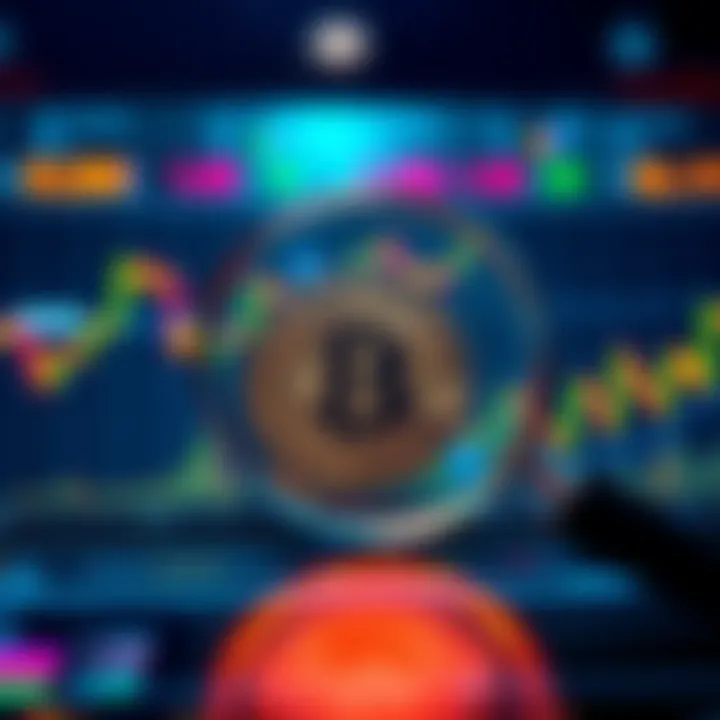 A graph showing the rise and fall of Bitcoin prices with a magnifying glass focusing on recent trends