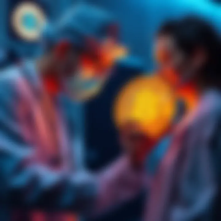 Bitcoin and Mental Health An emergency room doctor examining a Bitcoin symbol while discussing mental health benefits with a patient