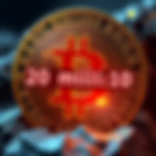 A graphic representation of the Bitcoin logo with a counter indicating the 20 millionth coin mined, symbolizing a significant milestone in cryptocurrency history.