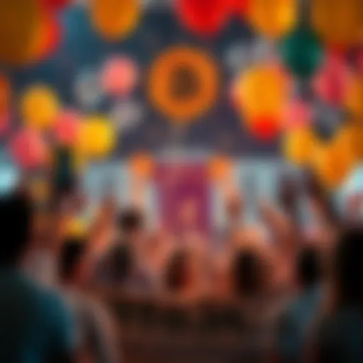 People celebrating the 15th anniversary of Bitcoin reaching its first $1, with balloons and banners