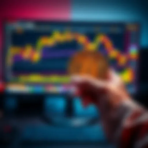 Bitcoin Milestone Celebration A person holding a physical Bitcoin in front of a computer showing a Bitcoin price chart