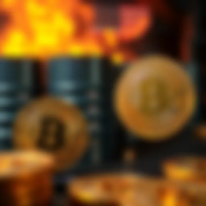 A visual representation of Bitcoin symbols linked to military themes, emphasizing the relationship between cryptocurrency and war funding, with oil barrels in the background.