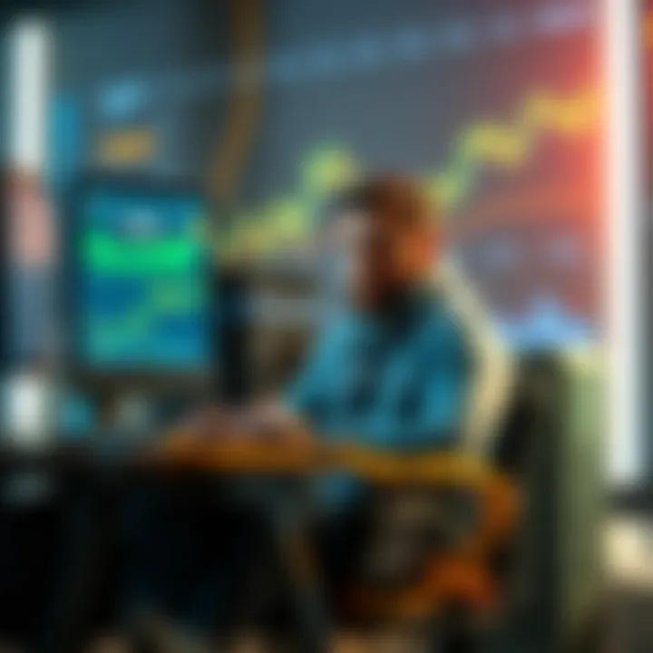 A Bitcoin miner sitting in front of a computer setup, showcasing the simple equipment used to mine Bitcoin, with digital currency graphics in the background.