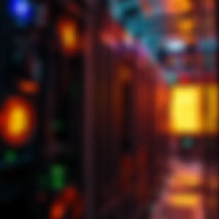 A close-up of Bitcoin mining rigs with glowing lights and cooling fans, showing the complexity of mining operations.