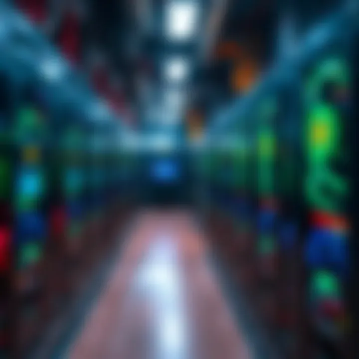 A Bitcoin mining operation with machines running and digital currency visuals on screen