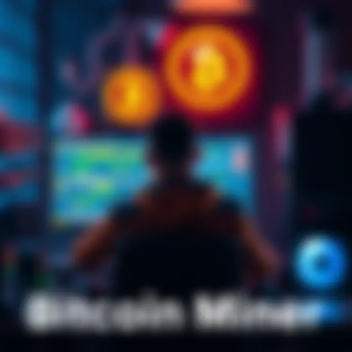 A person sitting in front of a gaming PC with Bitcoin mining software on the screen, showcasing the early days of Bitcoin mining.