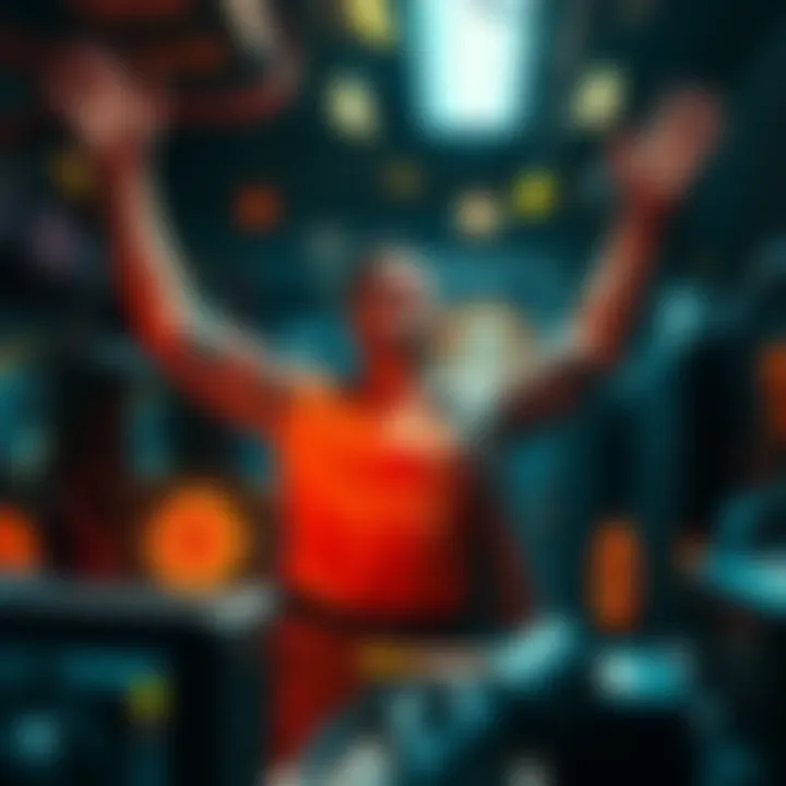 A triumphant home miner celebrating their Bitcoin achievement amidst mining machines and cryptocurrency symbols.