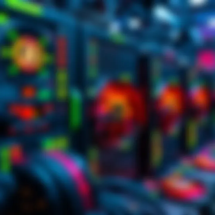 A close-up of various Bitcoin mining hardware units with flashing lights and cooling fans, showcasing the technology behind proof of work mining.