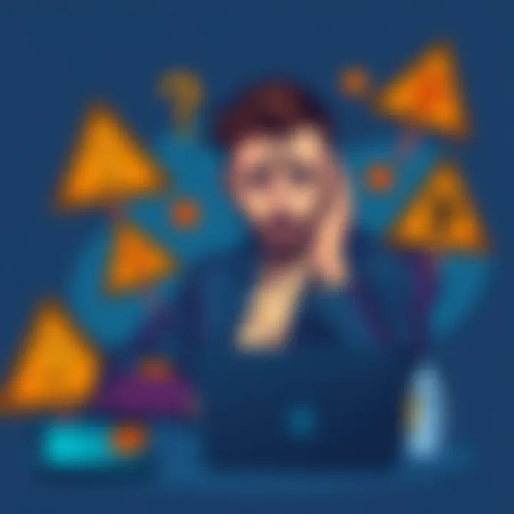 A person looking worried while checking their Bitcoin wallet on a laptop, with warning signs around them, symbolizing common mistakes in Bitcoin investing.
