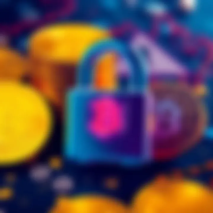 A digital illustration showing a padlock symbolizing security for Bitcoin, with Bitcoin coins in the background and a warning sign to highlight the importance of safety measures.