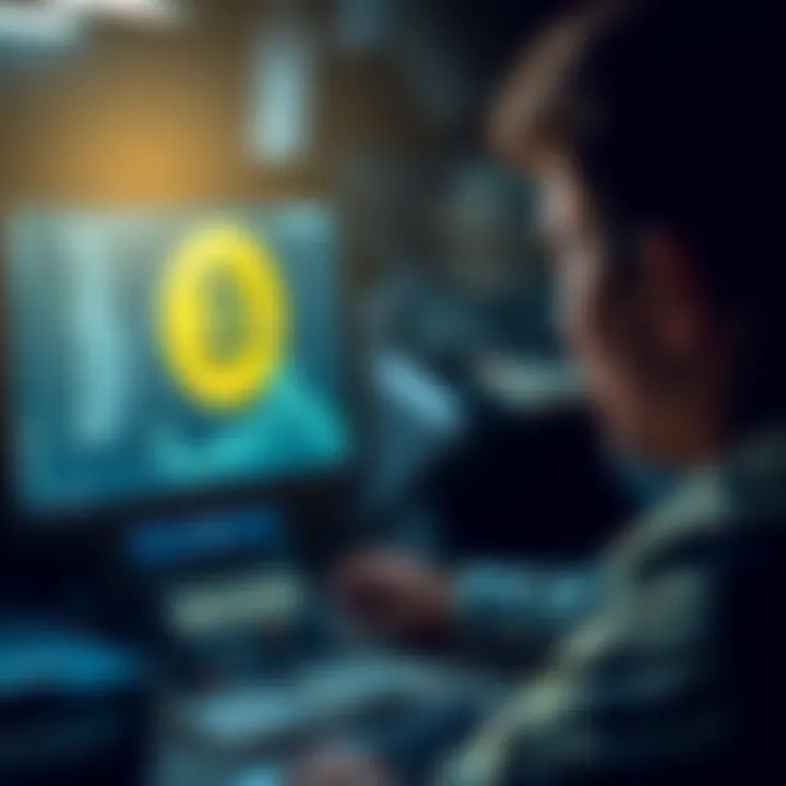 A person looking at a computer screen with a Bitcoin logo, surrounded by bills and a calculator showing high expenses.
