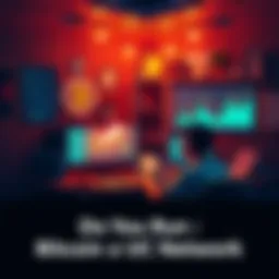 A person setting up a Bitcoin node with a laptop in a cozy workspace, surrounded by Bitcoin symbols and charts, illustrating community involvement in cryptocurrency.