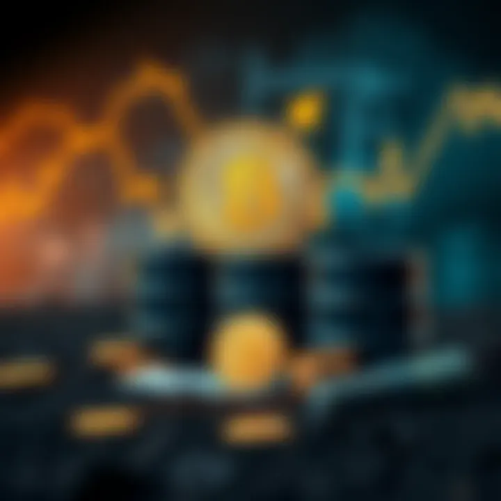 A graphic showing Bitcoin symbols alongside oil barrels and currency, illustrating the connection between cryptocurrency and oil trade.