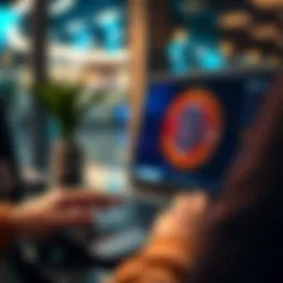 A person using Bitcoin for an online purchase on a laptop with a Bitcoin logo on the screen.