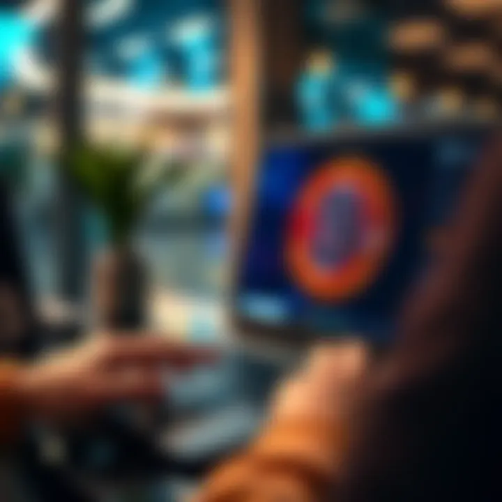 Bitcoin online payment A person using Bitcoin for an online purchase on a laptop with a Bitcoin logo on the screen.