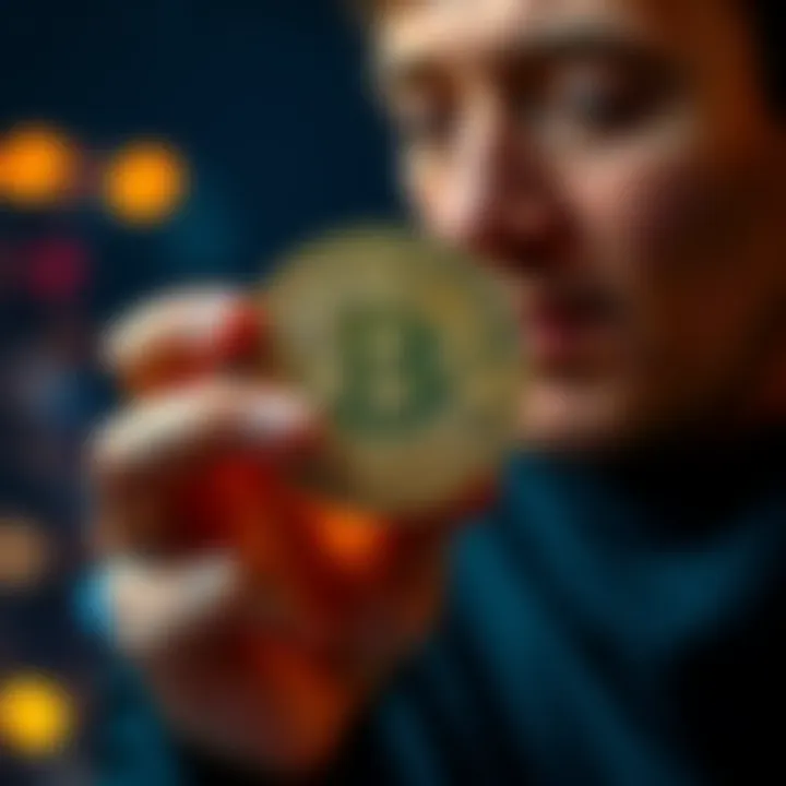 A person holding a bitcoin with a thoughtful expression, reflecting on the emotional aspects of owning cryptocurrency.