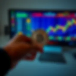 A person holding a physical Bitcoin in one hand while pointing to a digital chart showing Bitcoin prices on a screen
