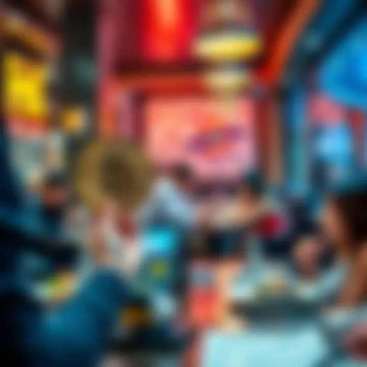 A restaurant staff member holds a Bitcoin logo next to a payment terminal, while customers enjoy their meals.