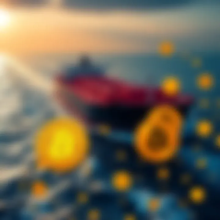 A tanker navigating through the Strait of Hormuz with Bitcoin symbols in the foreground, representing the new toll payment method.