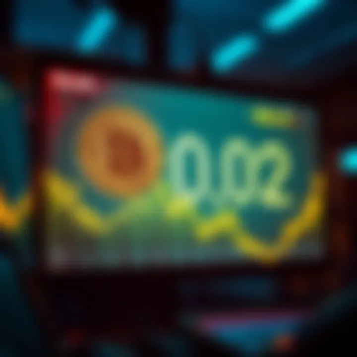 A digital screen shows Bitcoin's value dropping to $0.02, highlighting the dramatic fall in cryptocurrency prices.