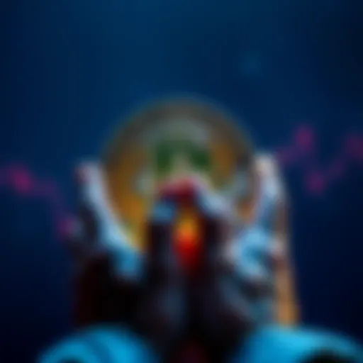 A Bitcoin symbol in front of praying hands, representing the culture surrounding cryptocurrency and the search for validation.