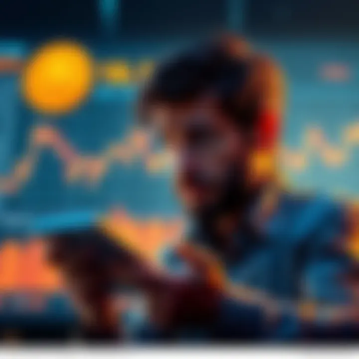 A worried person looking at a chart showing Bitcoin price fluctuations, contemplating how to lower their investment threshold, with a calculator in hand.