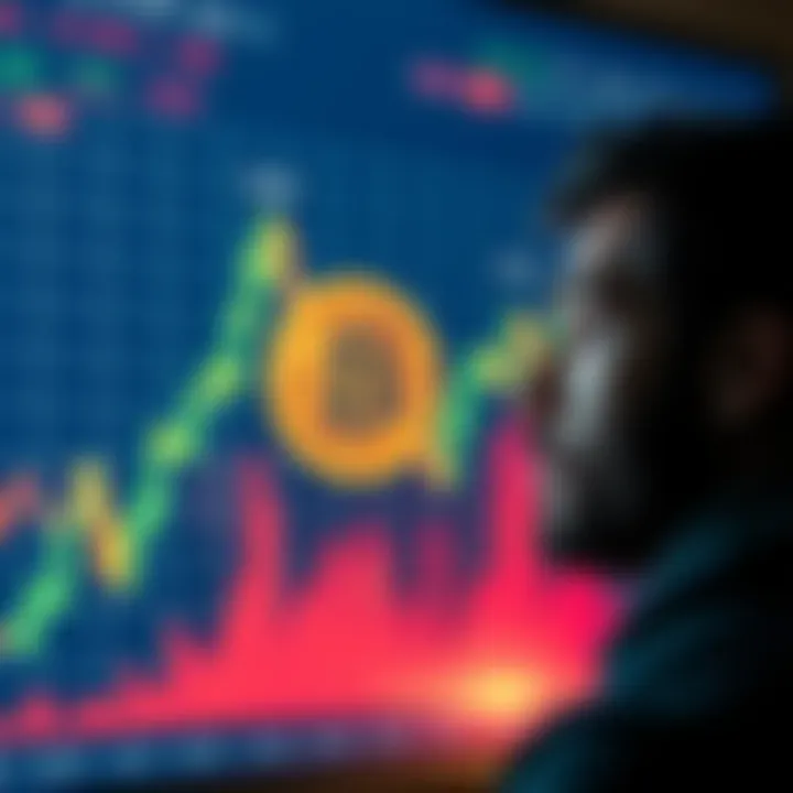 A Bitcoin price chart showing a downward trend with a person looking concerned and contemplating investment choices