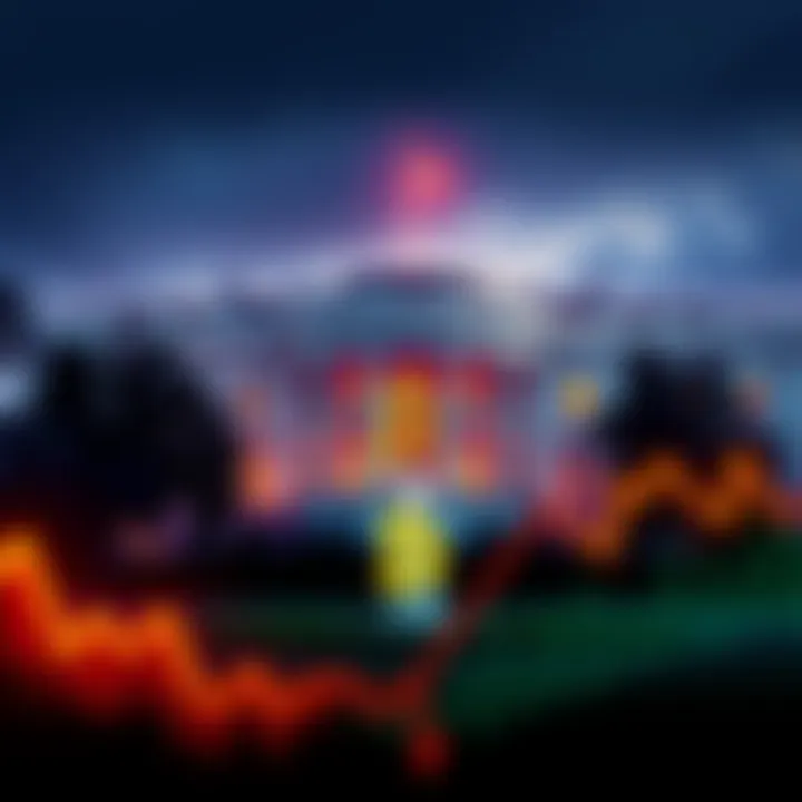 A graphic showing a downward trend in Bitcoin prices with a background of the White House, symbolizing political influence on crypto markets.