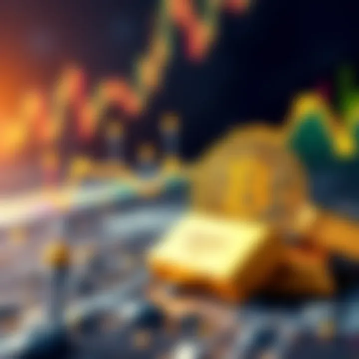 A graphical representation showing Bitcoin's value compared to gold, with declining arrows indicating a drop, overlaid with a Bitcoin symbol and gold bars