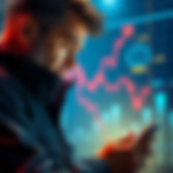 A downward trend graph showing Bitcoin's price decline with a worried investor looking at their phone.