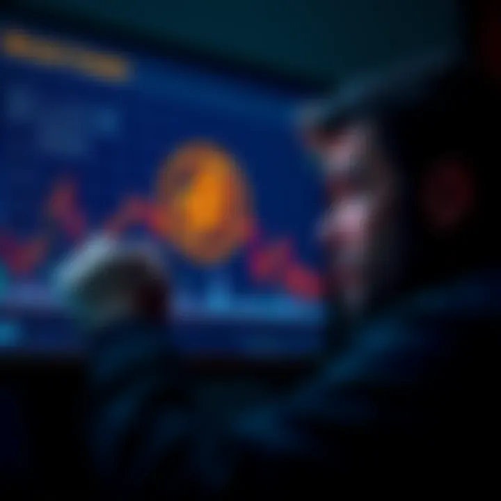 A worried investor looking at a graph showing Bitcoin's declining value on a screen.