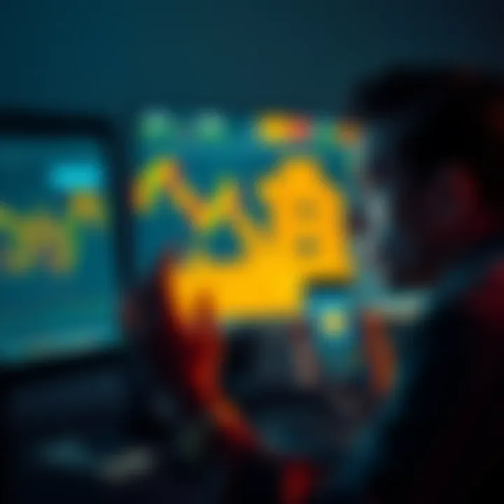 A person looking at a computer screen displaying a falling Bitcoin price chart, with worried expressions on their face, while holding a smartphone showing a Bitcoin wallet.