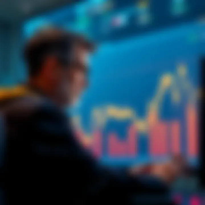 A graph showing the sharp decline of Bitcoin prices with a worried investor looking at a screen