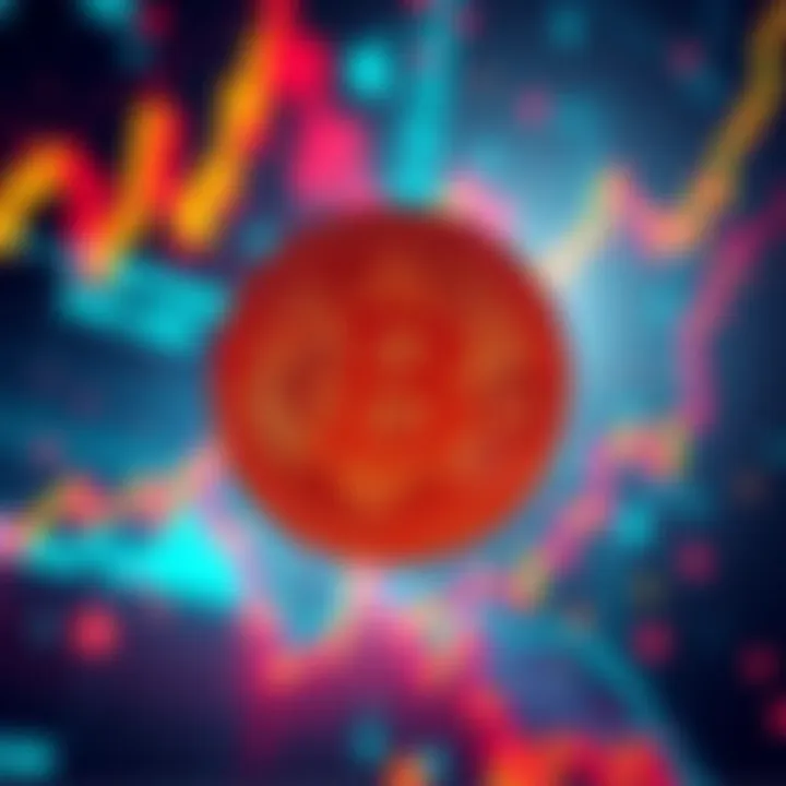 Bitcoin symbol surrounded by falling stock charts, representing the drop to $74K amid AI concerns