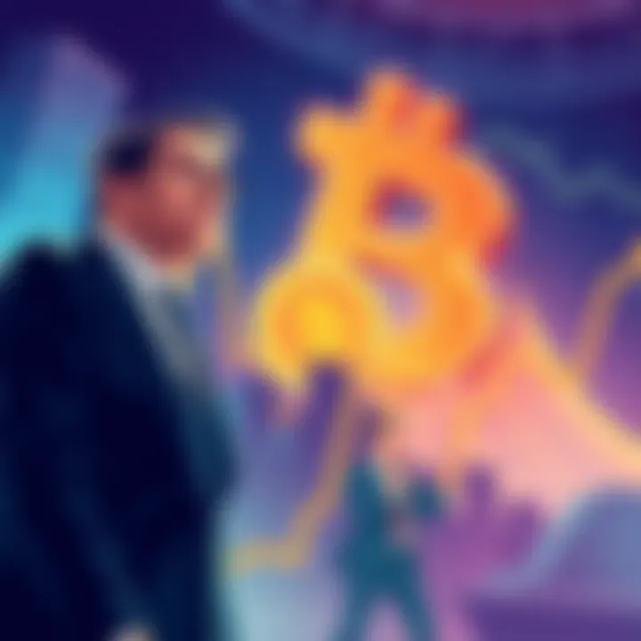 Illustration showing a downward trend in Bitcoin prices with worried investors looking on.