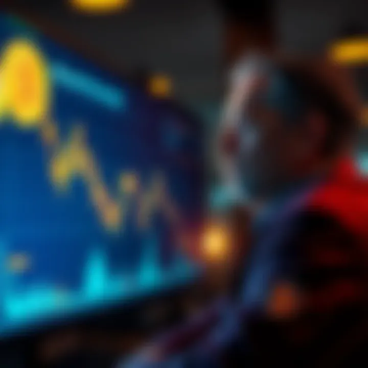 A graphic showing a downward trend in Bitcoin's price with a worried investor looking at the screen.